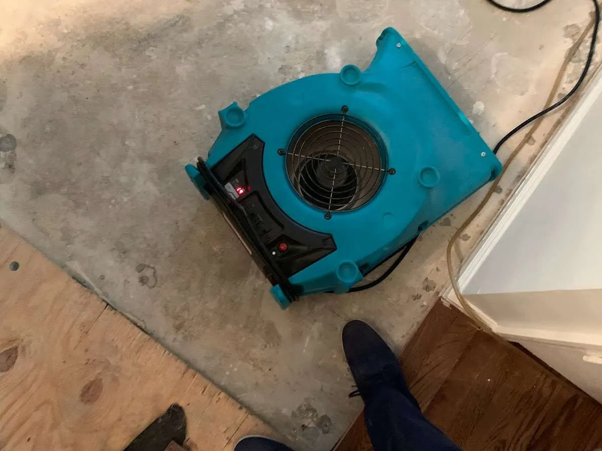Air mover drying subfloor during Commercial Water Damage Restoration in Solebury